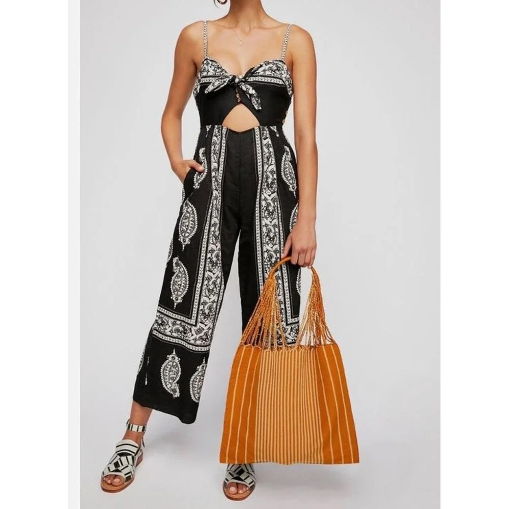 Free People Jumpsuit Linen Cotton Boho Wide Leg Black White Women Size 4 Bandana